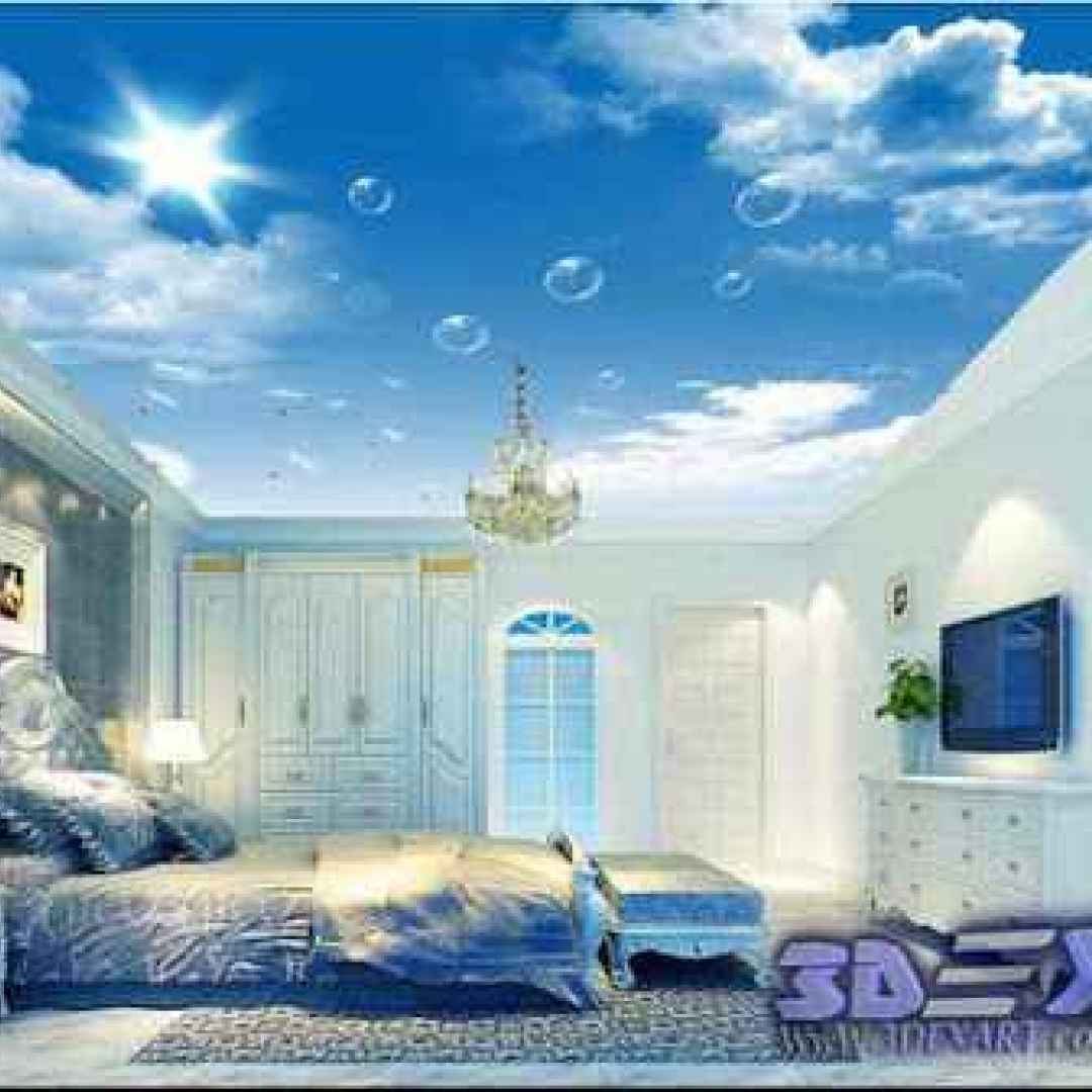 голубой потолок в интерьере спальни