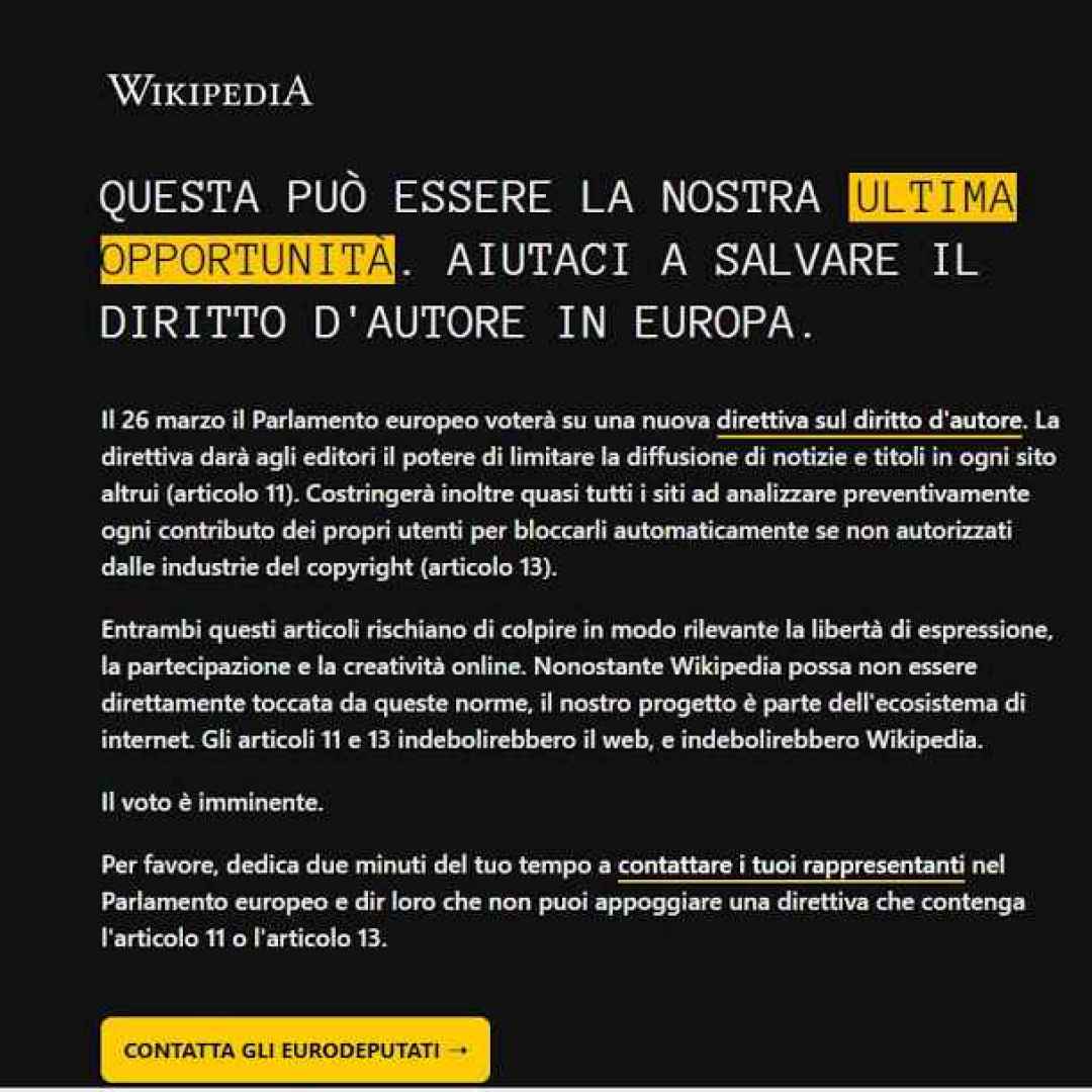 Wikipedia in italiano è stata oscurata, protesta contro gli articoli 11 e 13 della riforma europea sul diritto d