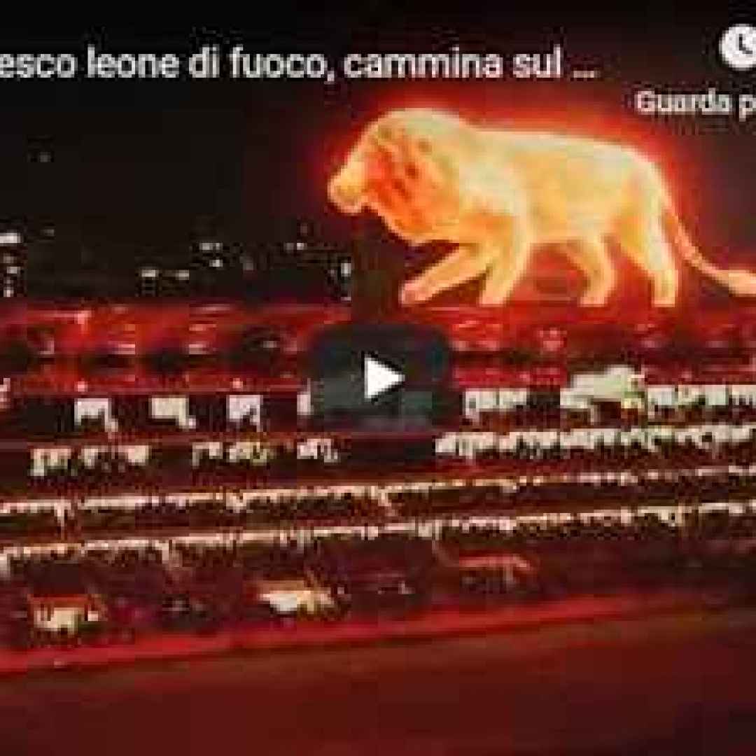 Un gigantesco leone di fuoco, cammina sul nuovo stadio dell