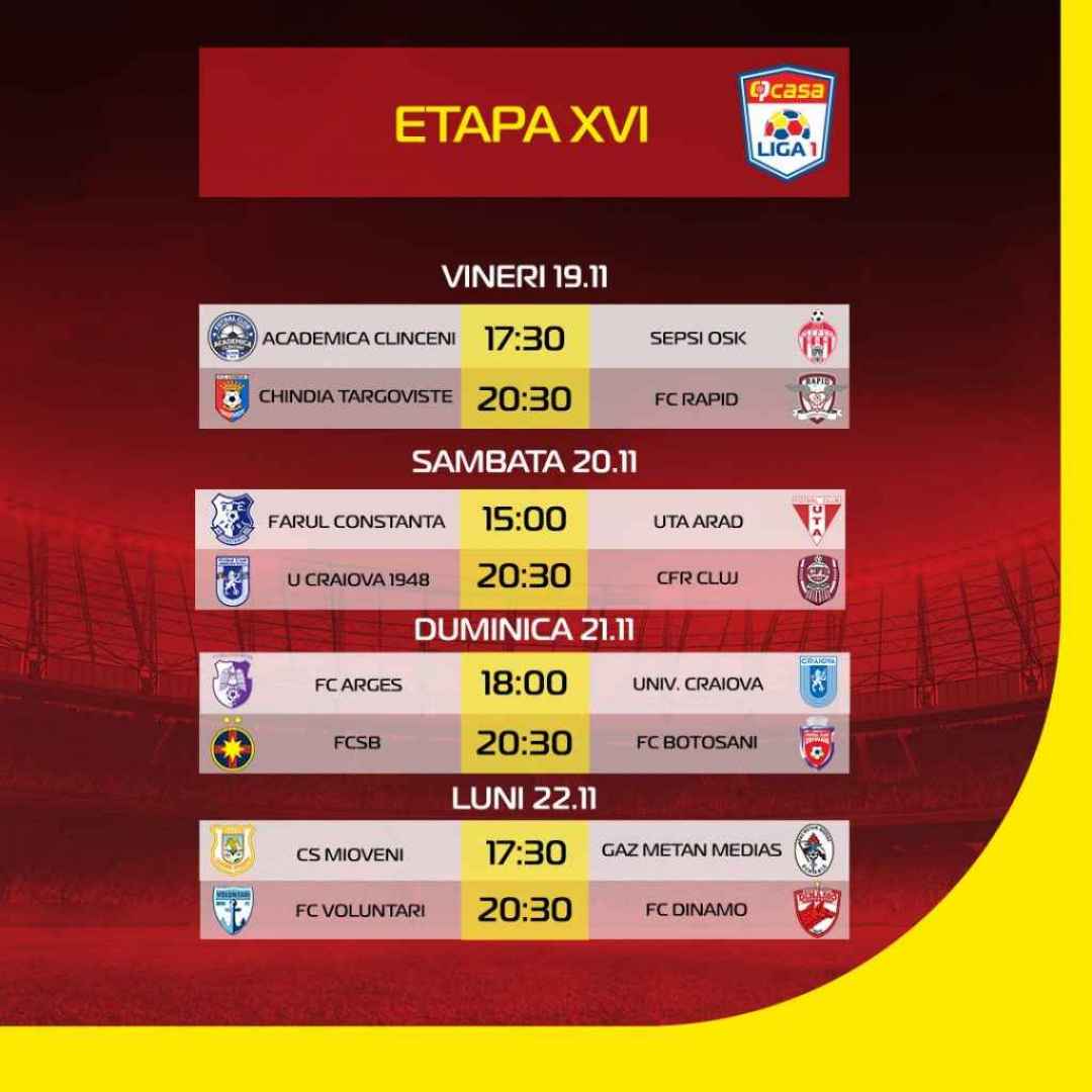 Liga 1 Romania, il programma della etapa 16