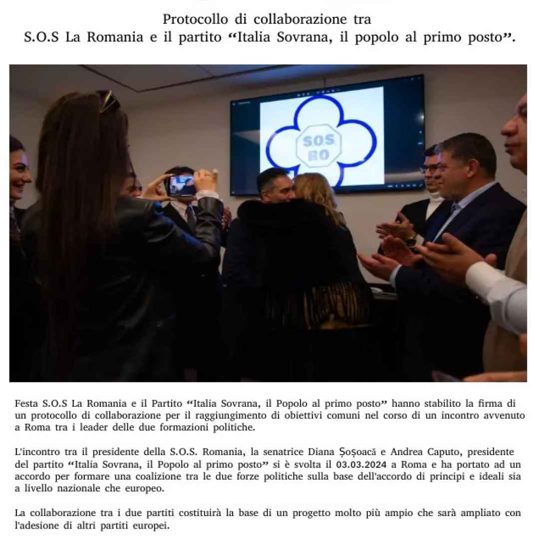 Protocollo di collaborazione tra S.O.S La Romania e il partito Italia Sovrana, il popolo al primo posto