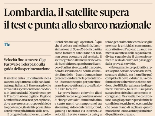 Lombardia, il satellite supera il test e punta allo sbarco nazionale