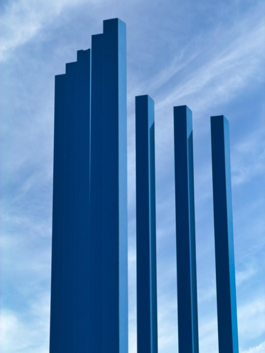 Strutture blu con sfondo cielo nuvoloso, alte colonne di diversa altezza in una scena urbana.