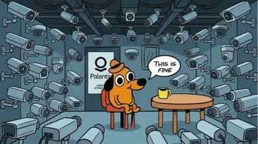 Un'illustrazione mostra un cane color arancione con un cappello seduto a un tavolo circondato da moltissime telecamere di sorveglianza. Il cane è seduto su una sedia accanto a un tavolo rotondo di legno con sopra una tazza gialla. Una nuvoletta di testo che proviene dal cane riporta la scritta "THIS IS FINE". Sullo sfondo, un poster bianco mostra un logo circolare con sotto la parola "Palantir" e la scritta "ALWAYS OPTIMIZED". Numerose telecamere bianche sono montate su pareti, soffitto e pavimento, puntate in varie direzioni attorno al cane.