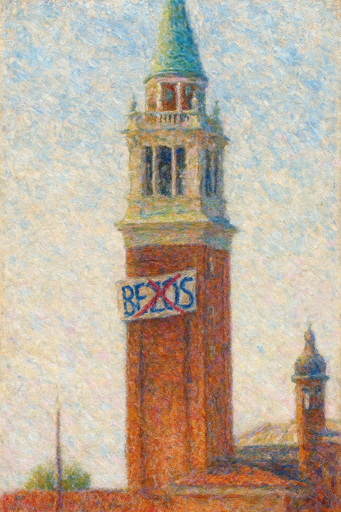L'immagine presenta un'opera d'arte che rappresenta una torre, probabilmente ispirata alla Torre dell'Orologio di San Marco a Venezia, con un effetto pittorico che ricorda lo stile impressionista. La torre è costruita in mattoni rossi e presenta una struttura a gradoni con finestre e un tetto verde scuro. Sulla facciata della torre è visibile un cartello con la scritta "BEXOS" in blu, con una croce rossa che attraversa la parola, suggerendo un messaggio di protesta o critica. Lo sfondo è un cielo azzurro con sfumature di bianco e grigio, che conferisce un senso di luminosità e apertura. A destra della torre, si intravede un altro edificio con un piccolo campanile. L'intera composizione è caratterizzata da pennellate visibili e colori vivaci, che conferiscono un'atmosfera dinamica e vibrante.


