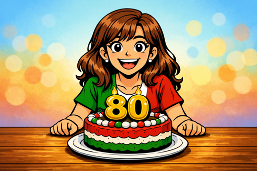 Illustrazione in stile fumetto classico di una giovane donna sorridente con capelli castani e abiti nei colori della bandiera italiana (verde, bianco e rosso), seduta dietro una torta di compleanno con il numero “80” in candele dorate accese. La torta è a strati verde, bianco e rosso, decorata con panna e confetti colorati, poggiata su un tavolo di legno. Sullo sfondo, un gradiente vivace giallo‑azzurro con effetto bokeh e raggi di luce che emanano dietro la ragazza.