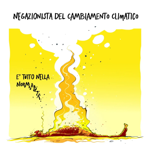 Nel disegno, un uomo a terra, mentre viene bruciato dalle fiamme, pronuncia la frase: "È tutto nella normalità..."