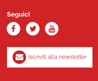 L'immagine presenta un design semplice e accattivante su sfondo rosso. In alto, la parola "Seguici" è scritta in bianco, invitando gli utenti a seguire il contenitore su diverse piattaforme social. Sotto, tre icone circolari bianche rappresentano Facebook, Twitter e YouTube, indicando i canali social su cui è presente. In basso, un rettangolo bianco con un'icona di un'arancia posta a sinistra e la scritta "Iscriviti alla newsletter" in rosso, invita gli utenti a iscriversi alla newsletter.