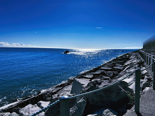 Costa rocciosa e mare splendente sotto un cielo blu.