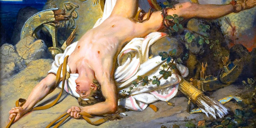 Dipinto che ritrae la morte di Ippolito. Il giovane è abbandonato sul suo carro, steso sul dorso, mentre stringe ancora le redini. In terra la faretra con le sue frecce.