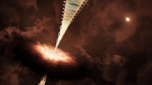 Questa illustrazione artistica mostra il campo magnetico contorto a forma di imbuto (rappresentato dalle linee a spirale bianche) che ALMA ha rilevato avvolto attorno al flusso di gas che fuoriesce da una giovane stella immersa in NGC 1333 IRAS 4A. I nuovi dati hanno rivelato questa struttura ad anello con un dettaglio senza precedenti, confermando una previsione decennale su come i campi magnetici lancino e modellino i potenti jet delle giovani stelle.