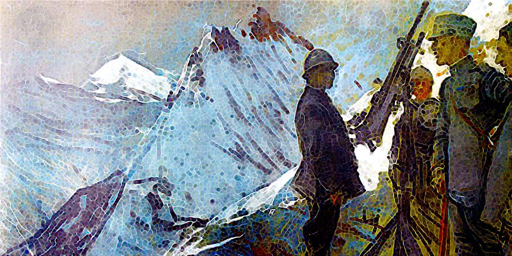 Dipinto che ritrae un panorama di alta montagna , con cime innevate e rocciose, mentre sulla destra alcuni soldati in piedi stanno accanto ad una mitragliatrice. I colori sono a base di sfumature d'azzurro per monti e cielo, mentre le divise sono grigio-verdi