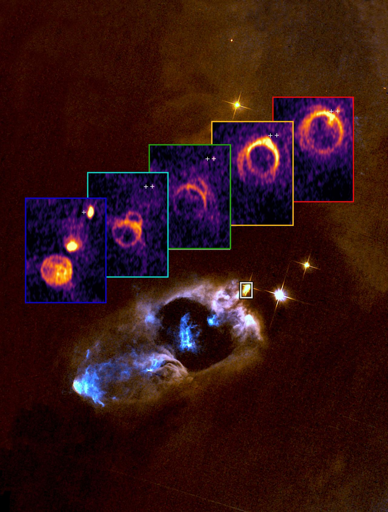 Una vista “tomografica” di ALMA che rivela come il getto protostellare supersonico di SVS 13 interagisce con il mezzo ambientale circostante. Sullo sfondo, un’immagine del Telescopio Spaziale Hubble (HST) mostra la cavità scavata dal deflusso, insieme ai suggestivi nodi di Herbig–Haro visibili alle lunghezze d’onda ottiche.