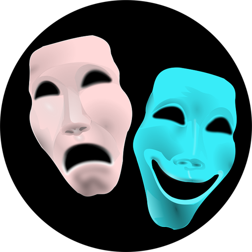 Immagine vettoriale di due maschere da teatro. Una, rosa, è la maschera tragica; l'altra, azzurra, è quella sorridente della commedia, su sfondo nero tondo