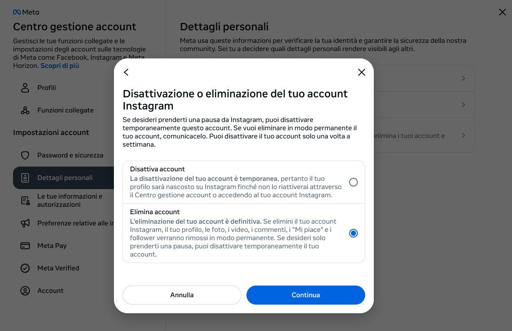 eliminazione profilo pubblico di ufficio zero sul social instagram