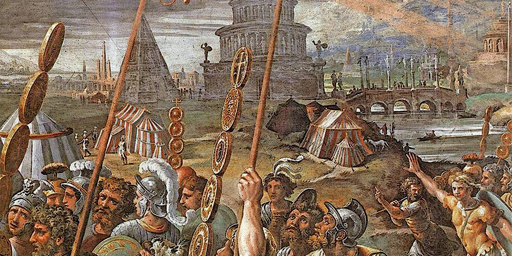 Dipinto che ritrae un accampamento romano; sullo sfondo un ponte a cinque arcate su un fiume ed un edificio imponente (probabilmente il Tevere). In primo piano soldati con insegne, scudi, corazze e folte barbe