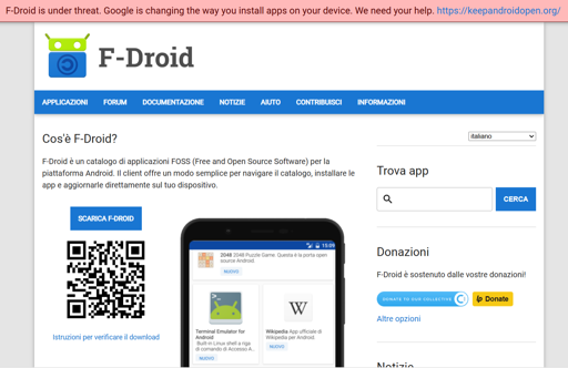 Il banner comparso sulla homepage di F-Droid