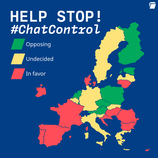 L'immagine mostra una mappa dell'Europa con colori diversi per rappresentare la posizione di ogni paese riguardo a un tema chiamato "#ChatControl". Il titolo "HELP STOP! #ChatControl" è in alto, seguito da una legenda che spiega i colori: verde per "Opposing" (opponendosi), giallo per "Undecided" (indifferenti) e rosso per "In favor" (favorevoli). La mappa è colorata in base a queste categorie, con paesi come la Francia, la Spagna e la Romania in rosso, Finlandia e Polonia in verde, e Germania e Italia in giallo. Il logo di un libro bianco è in alto a destra.