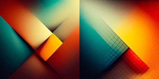 Immagine generata da Midjourney a seguito di un prompt su "Matematica", ci mostra due riquadri affiancati in cui linee oblique inclinate a 45 gradi si incrociano e delimitano aree rosse, blu o gialle, con sfumature di luminosità variabile