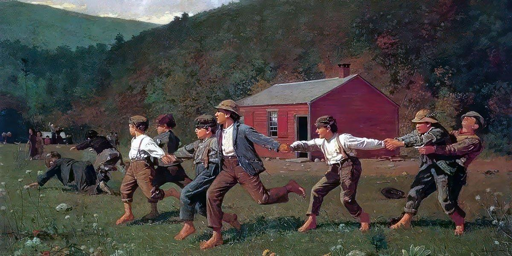 Dipinto che mostra un gruppo di ragazzini che giocano tenendosi per mano. L'ambientazione è in campagna, sullo sfondo colline boscose ed una cascina rossa