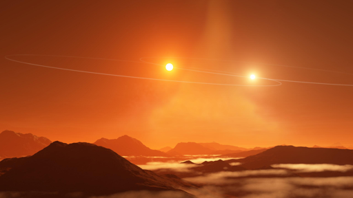 Illustrazione artistica di un doppio tramonto su un esopianeta tipo Tatooine. che si forma in un disco circumbinario disallineato con le orbite delle sue stelle.