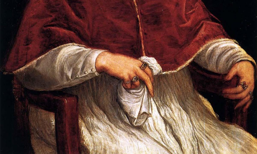 Particolare del ritratto di papa Giulio II dipinto da Tiziano (non lui, quell'altro)