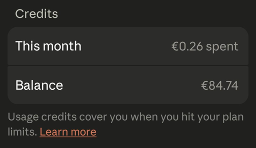Credits used this month by only typing ! LS on the Claude code shell, showing € 0.26