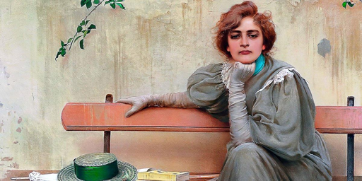 Dipinto che mostra una giovane donna seduta su una panchina, con espressione sognante. La donna veste un abito grigio, con guanti grigi e porta con sé, ma tiene posato sulla panchina, un cappello di paglia verde smeraldo. I suoi capelli castani ramati, che sono raccolti sulla nuca, coprendole la fronte in parte con un ciuffo, ne accentuano il carattere; dietro la panchina spunta un ramo di un rampicante con qualche foglia verde