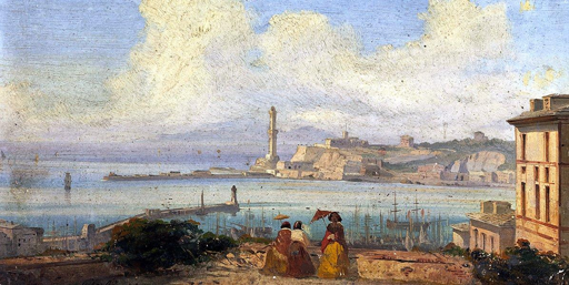 Panorama del porto di Genova, nel 1700, visto dai quartieri collinari della città. In primo piano due donne osservano i velieri ormeggiati al molo; domina il panorama la Lanterna, mentre il cielo presenta i caratteristici "cumuli" sul mare