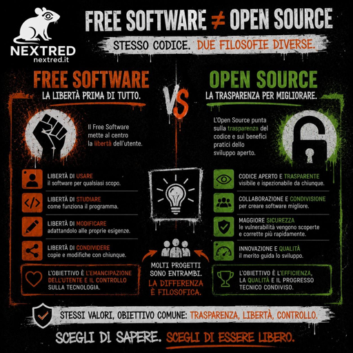 Testo alternativo (alt text) per Mastodon:

Infografica quadrata in stile urban/grunge con sfondo nero, dettagli arancioni, verdi e bianchi, e logo Nextred in alto a sinistra. Titolo: “Free Software ≠ Open Source – Stesso codice, due filosofie diverse”.

La grafica è divisa in due colonne. A sinistra il Free Software, rappresentato da un pugno chiuso e dal motto “La libertà prima di tutto”. Sono evidenziate le quattro libertà fondamentali: usare, studiare, modificare e condividere il software. Il messaggio centrale è che il Free Software mette al centro i diritti e il controllo dell’utente sulla tecnologia.

A destra l’Open Source, rappresentato da un lucchetto aperto e dal motto “La trasparenza per migliorare”. Vengono evidenziati codice aperto, collaborazione, sicurezza attraverso la revisione pubblica e innovazione guidata dalla comunità. Il focus è sui vantaggi pratici dello sviluppo aperto e della trasparenza del codice.

Al centro la scritta “VS” e un riquadro che ricorda come molti progetti siano contemporaneamente Free Software e Open Source, ma con motivazioni filosofiche differenti. In basso il messaggio conclusivo: “Stessi valori, obiettivo comune: trasparenza, libertà, controllo. Scegli di sapere. Scegli di essere libero.” Grafica ad alto contrasto con texture da street art, schizzi di vernice e caratteri tipografici marcati.