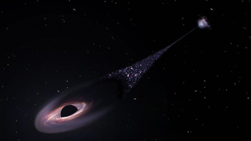 Questa illustrazione artistica mostra un buco nero supermassiccio (SMBH) in fuga, espulso dalla sua galassia ospite. Mentre attraversa lo spazio, genera un'onda d'urto a forma di arco davanti a sé, mentre dietro lascia una lunga scia di stelle e gas.