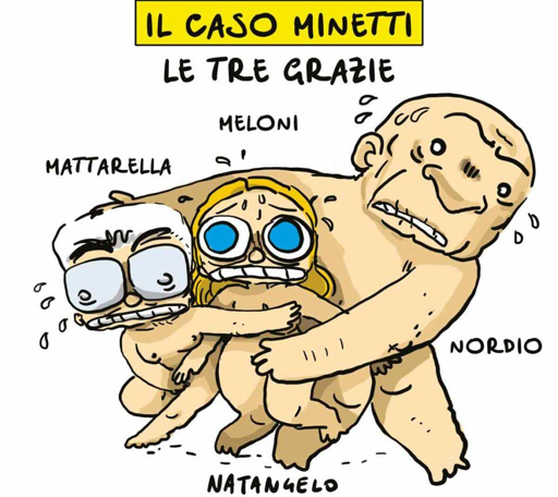 Nella vignetta, la celebre scultura di Antonio Canova 'Le tre Grazie', interpretata dagli imbarazzatissimi Sergio Mattarella, Giorgia Meloni e Carlo Nordio.
