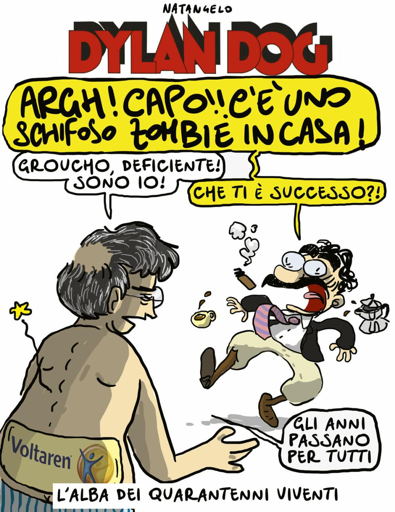 Nel disegno, Natangelo omaggia i quarant'anni del fumetto Dylan Dog dedicandogli una (finta) copertina nella quale il maggiordomo Groucho, la spalla comica del personaggio protagonista, urla: "Argh! Capo!! C'e' uno schifoso zombie in casa!"
"Groucho, deficiente! Sono io!", gli risponde pacatamente Dylan Dog.
"Che ti è successo?!", urla nuovamente il maggiordomo.
"Gli anni passano per tutti", commenta sconsolato l'eroe bonelliano.