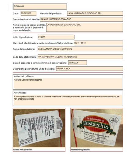 Richiamo salame nostrano con aglio per Listeria