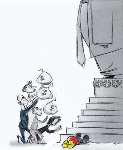 L'immagine è una caricatura in bianco e nero che rappresenta un gruppo di persone inginocchiate che offrono sacchi di denaro a una figura imponente, simboleggiando potere o autorità. I personaggi sono vestiti in abiti formali, con espressioni di reverenza e sottomissione. Uno di loro sta offrendo un sacco di denaro con un simbolo di dollaro. Sotto la figura imponente, un personaggio con un cappello rosso e giallo, simile a un personaggio famoso, giace a terra, suggerendo un contrasto tra i ricchi e il povero. La scena critica la disuguaglianza economica e la sottomissione di alcuni individui di fronte a figure di potere.