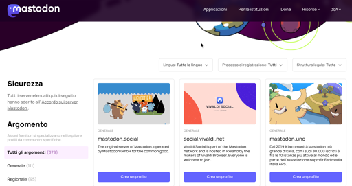 Screenshot of a Mastodon webpage showing various server options arranged in cards. A dark purple header contains the "Mastodon" logo on the left and navigation links for "Applicazioni", "Per le istituzioni", "Dona", "Risorse", and a language selector on the right. Below the header, three dropdown filters are visible: "Lingua: Tutte le lingue $\vee$", "Processo di registrazione: Tutti $\vee$", and "Struttura legale: Tutte $\vee$". The main content includes headings for "Sicurezza" and "Argomento" with text about server agreements and community providers. Three information cards are displayed, each featuring an illustration, the label "GENERALE", a domain name ("mastodon.social", "social.vivaldi.net", or "mastodon.uno"), descriptive text, and a blue button labeled "Crea un profilo".