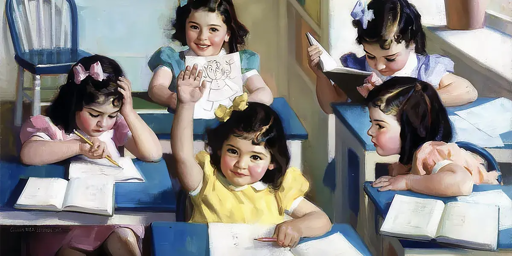 In una scuola, non montessoriana, ecco un gruppo di bimbe allegre e sorridenti, ritratte sedute ai rispettivi banchi ed intente a leggere o scrivere. Tutte hanno i capelli scuri, lunghi, con un fiocco nei capelli. In primo piano una bimba alza la mano per attirare l'attenzione della maestra