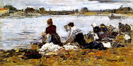 Dipinto che mostra un gruppo di lavandaie, chine sulla riva di un fiume. Cielo grigio ed acqua grigia sottolineano la fatica delle donne, che sono ritratte di spalle