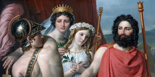 Particolare di un affersco dedicato ad Achille, contiene quattro personaggi, due uomini e due donne. Uno degli uomini è giovane e ha l'elmo del guerrero, l'altro, meno giovane, ha un mantello color porpora. Le donne sono in lacrime ed elegantemente acconciate, una con un diadema, l'altra con fiori tra i capelli