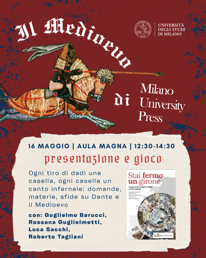 Locandina dell'evento di presentazione e gioco di "Stai fermo un girone", con Guglielmo Barucci, Rossana Guglielmetti, Luca Sacchi e Roberto Tagliani