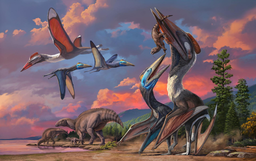 Immagine artistica di pterosauri azhdarchid del Bayanshiree: la coesistenza tra Gobiazhdarcho tsogtbaatari e Tsogtopteryx mongoliensis nel paleoambiente del Bayanshiree, con un gruppo di Gobihadros mongoliensis nelle vicinanze.