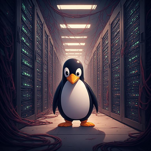 Tux, la mascotte del pinguino Linux, si trova in una sala server con file di rack e cavi rossi.