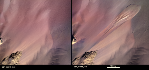 Sulla base di altre immagini della camera HiRISE, questo particolare scivolamento si è verificato tra il 9 marzo 2020 e il 17 febbraio 2021, periodo che corrisponde alla relativamente calda primavera ed estate dell’emisfero meridionale. Si tratta di uno dei più grandi scivolamenti attivi documentati su Marte, lungo circa 700 metri (0,4 miglia).