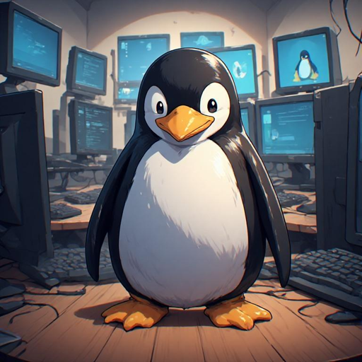Tux, il pinguino mascotte di Linux, in piedi in una stanza con numerosi computer che visualizzano codice e dati tecnici.
