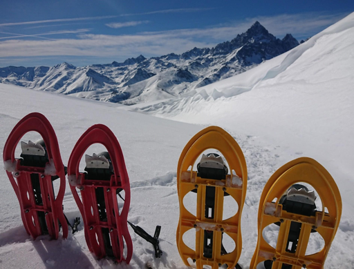 Due paia di racchette da neve in una distesa innevata con sullo sfondo un profilo di alpi innevate