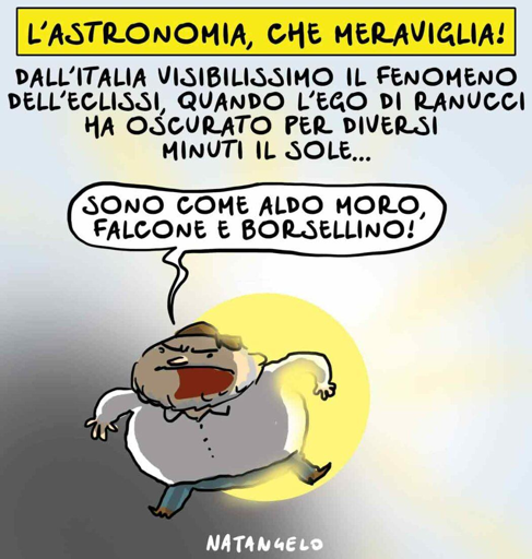 Nel disegno, Sigfrido Ranucci, in cielo davanti al sole, esclama: "Sono come Aldo Moro, Falcone e Borsellino!"

Sopra di lui, la didascalia recita: "Dall'Italia visibilissimo il fenomeno dell'eclissi, quando l'ego di Ranucci ha oscurato per diversi minuti il Sole..."