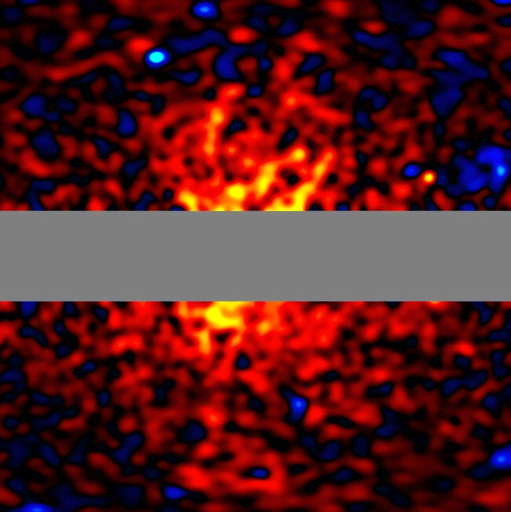 Mappa dell’intensità dei raggi gamma escludendo componenti diverse dall’alone, che copre circa 100 gradi in direzione del centro galattico. La barra grigia orizzontale nella regione centrale corrisponde all’area del piano galattico, che è stata esclusa dall’analisi per evitare radiazioni astrofisiche intense.