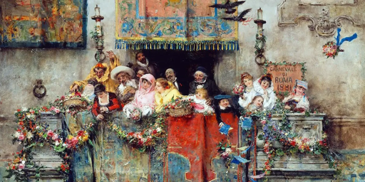 Dipinto che ci mostra una scena di un festeggiamento popolare romano. Le famiglie stendevano dal balcone i propri migliori tappeti o tendaggi, appendevano ghirlande di fiori, e con indosso  i migliori abiti si ponevano alla finestra a guardare i cortei che passavano: papi, re, ambasciatori... o magari un matrimonio di nobili