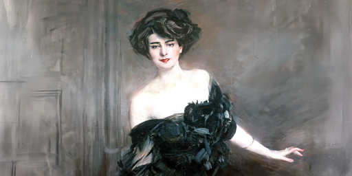 Dipinto che ritrae una giovane donna bruna, vestita elegantemente con un abito da sera nero, scollato e che lascia le spalle scoperte, impreziosito da una grande rosa di raso nero al centro dello scollo. La donna sorride leggermente e tiene le braccia allargate come pr tenere l'equilibrio