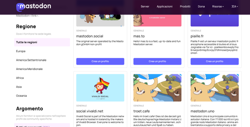 L'immagine mostra una pagina web di Mastodon, un servizio di microblogging decentralizzato. In alto a sinistra, c'è il logo di Mastodon con il testo "Mastodon" e il link "Mastodon.link". Sotto il logo, c'è un menu verticale con le sezioni "Regione" e "Argomento". La sezione "Regione" elenca diverse regioni, tra cui Europa, America Settentrionale, America Meridionale, Africa, Asia e Oceania, con "Tutte le regioni" selezionata. La sezione "Argomento" elenca istanze mastodon tra cui mastodon.uno